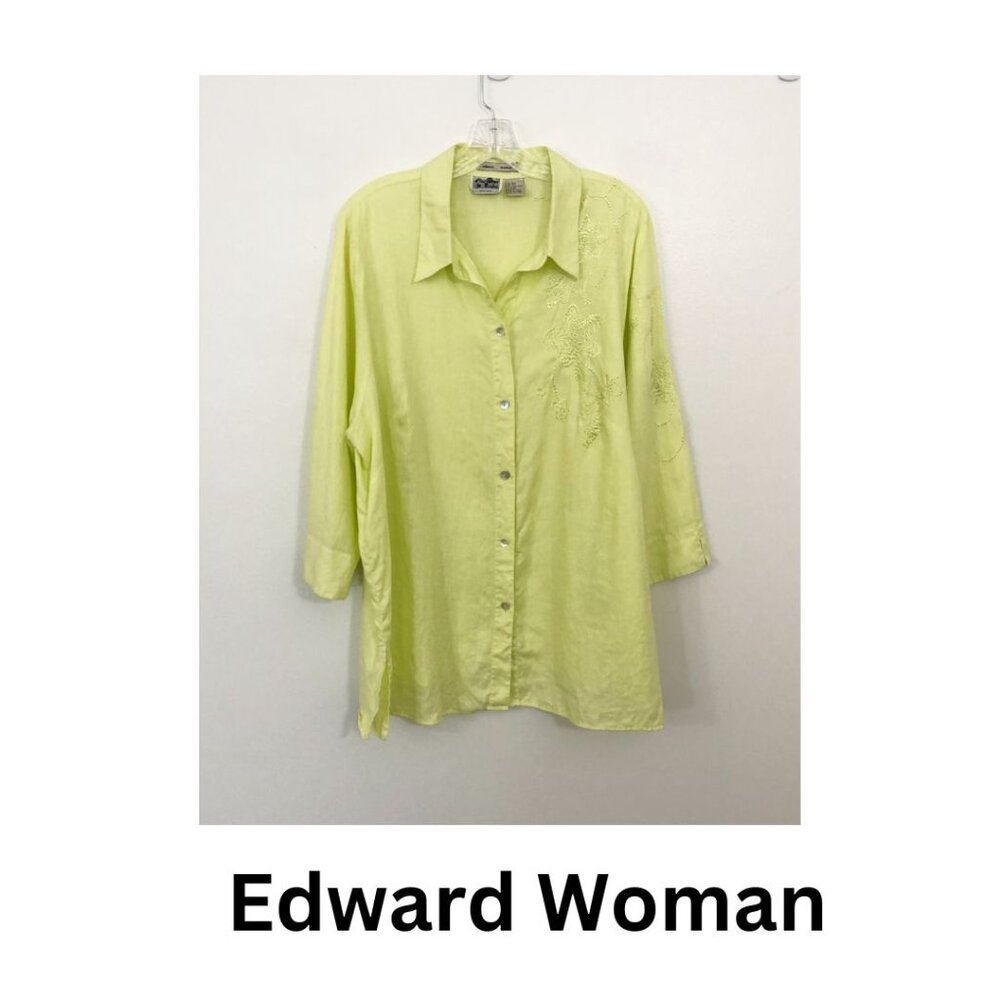 Edward Woman Irish Linen Embroidered Button Down Tunic Top Blouse 1X